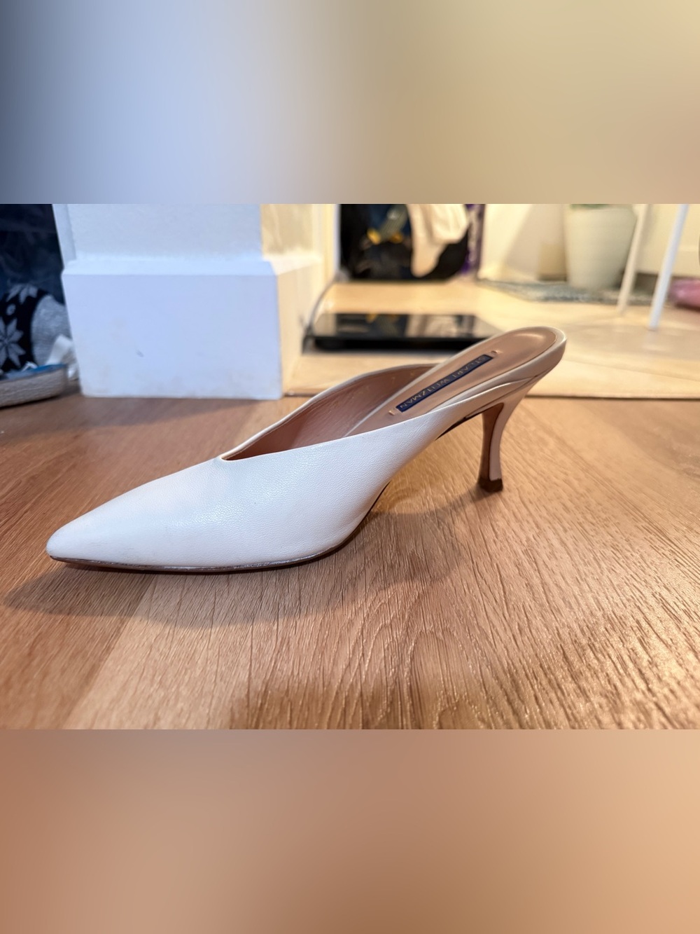 Stuart Weitzman White Pointed Leather Heeled Mule